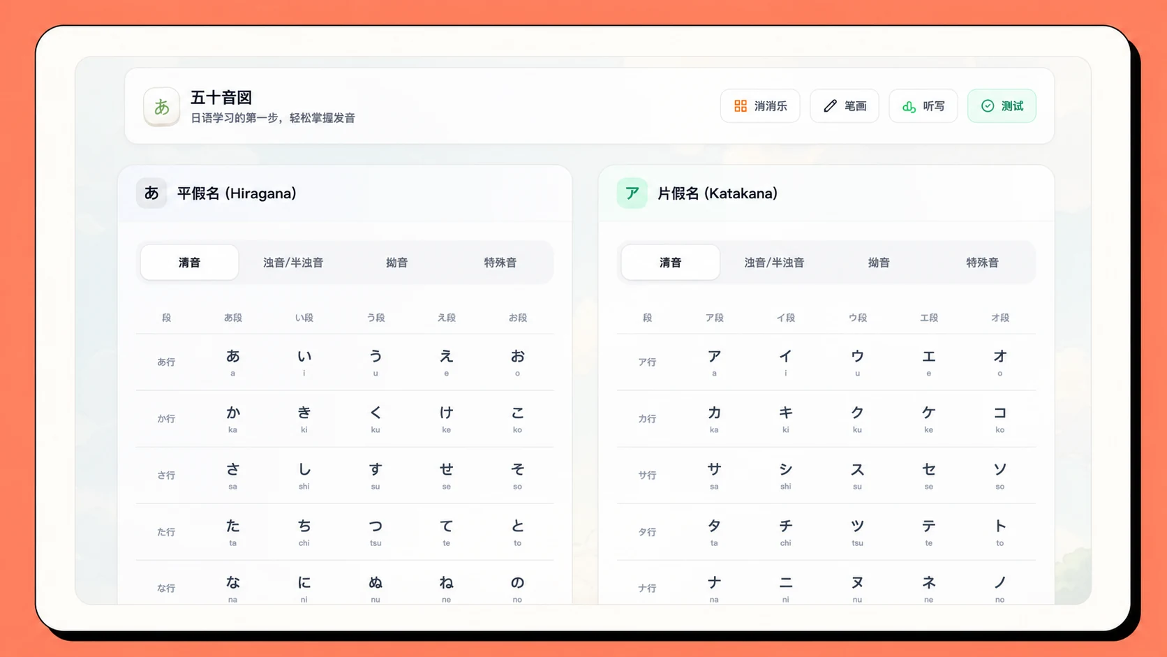五十音认读、发音、书写与听写界面